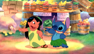 A cartoon Hawaiian girl with a blue alien creature