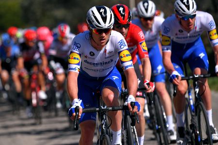 Yves Lampaert leads Deceuninck-QuickStep teammates Michael M&oslash;rk&oslash;v and Tim Declercq on stage 6 of the 2020 Paris-Nice