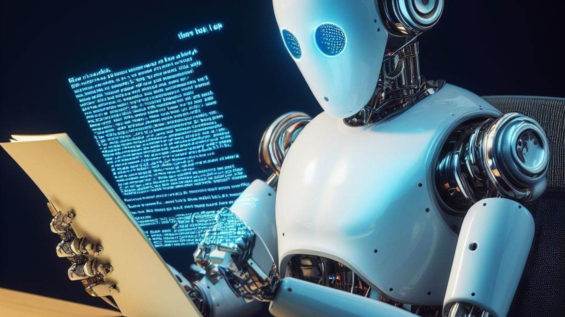 Um robô lendo conteúdo de texto gerado por IA