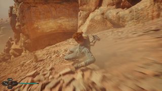 Star Wars Jedi Survivor Jedha Cal sliding down a hill towards a wall