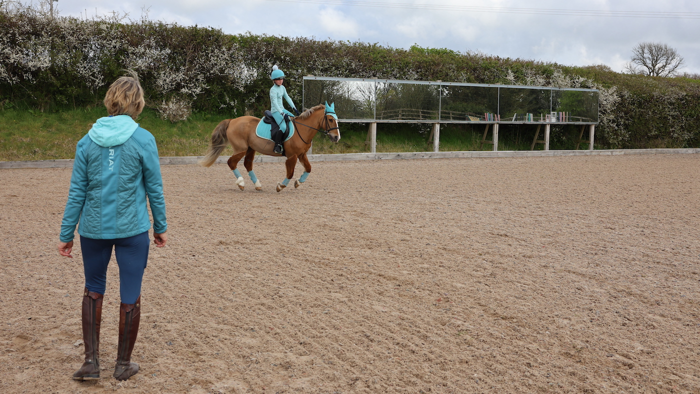 Riding lesson with chestnut pony cantering