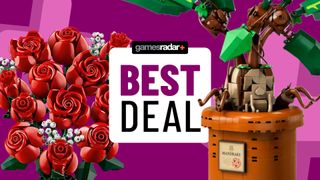 Lego Roses and Lego Mandrake on either side of a 'best deal' badge, all against a purple background