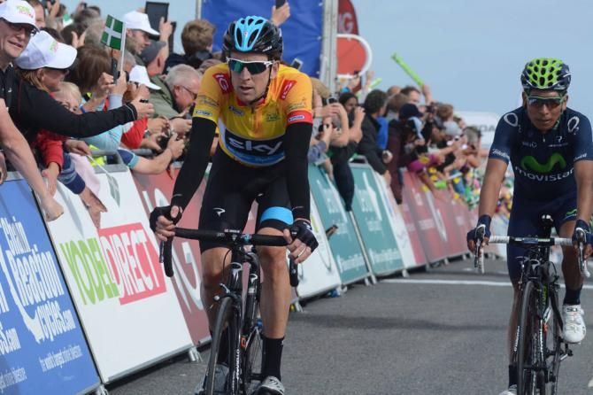 Tour of Britain leader Bradley Wiggins (Sky) leads Nairo Quintana (Movistar) across the finish line