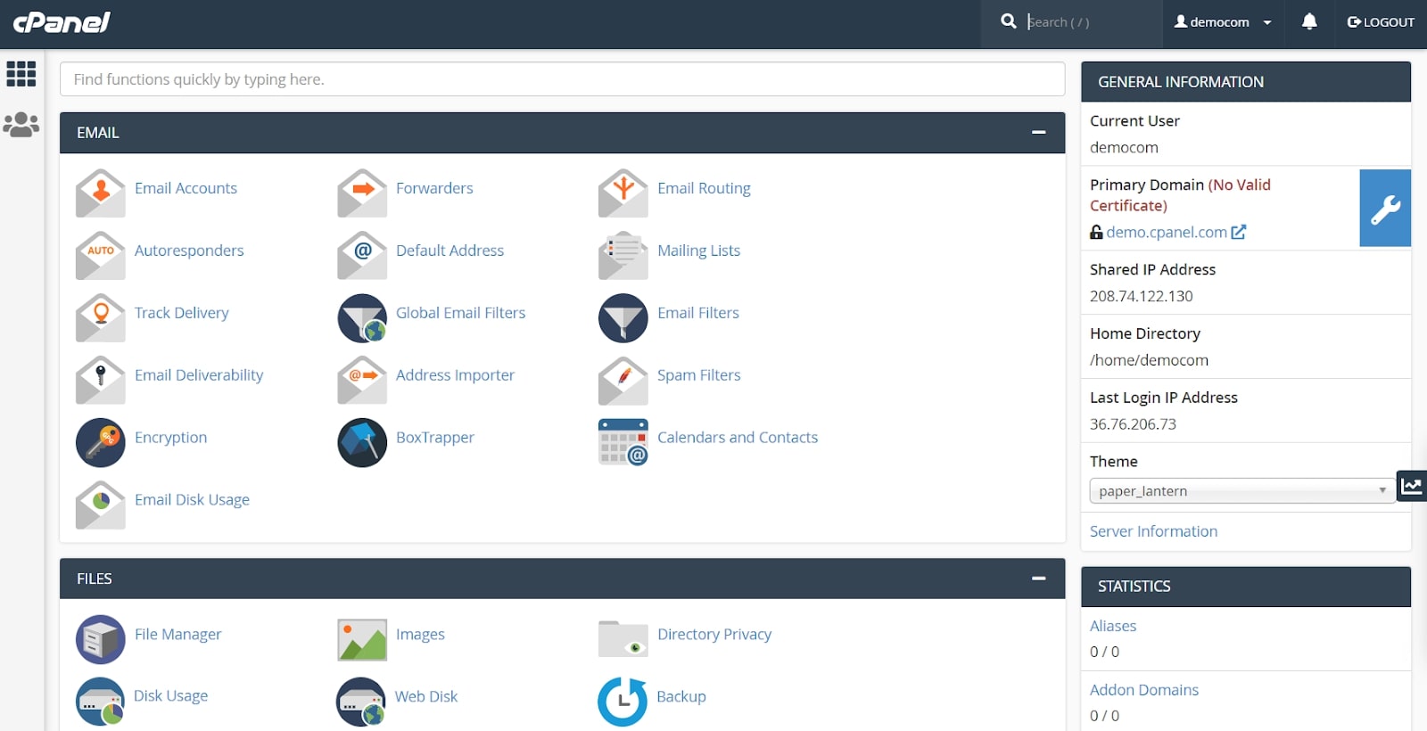 A demonstration of the cPanel hosting control panel