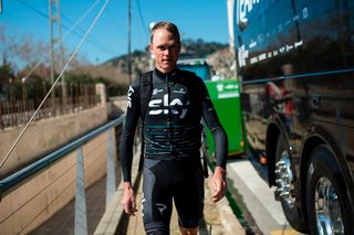 Christopher Froome walks to his team's coach before the first stage of the 97th Volta Cataluny