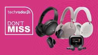 JBL, Bose, Sony and Sonos headphones on a pink background with "Don't Miss" text in white.