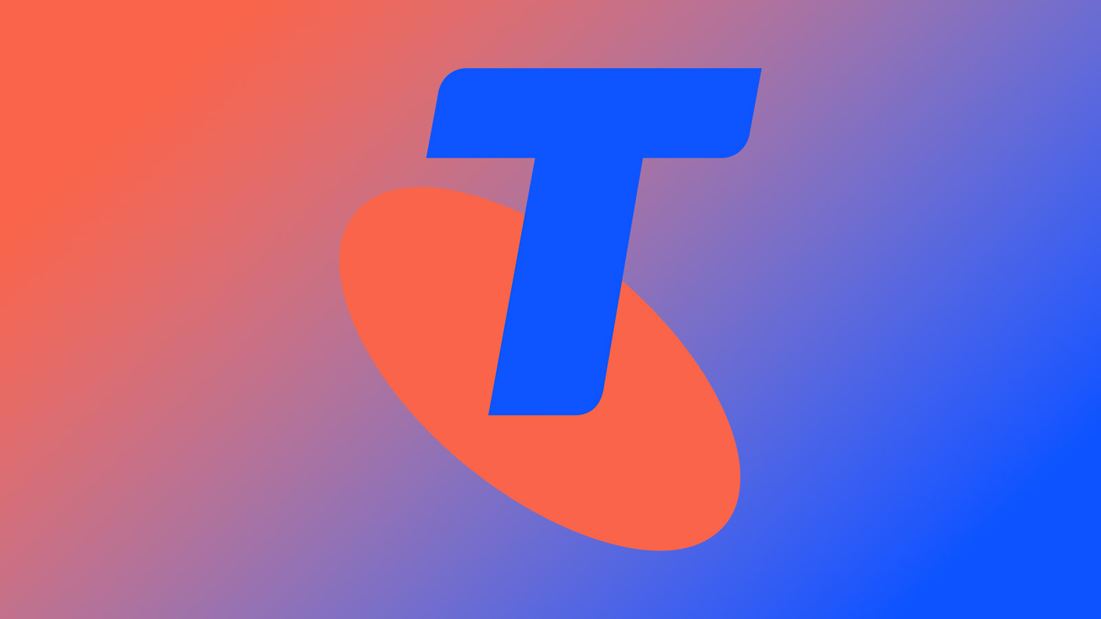 Orange and blue Telstra logo on an orange and blue gradient background