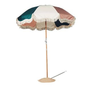 outdoor parasol umbrella blue pink and white stripes on stand