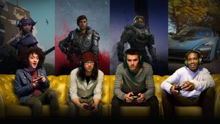 A promo image for Xbox Live Gold showing four people playing video games on a couch 