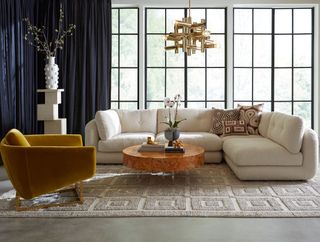 Jonathan Adler - Living room - Pompidou sectional sofa, Beaumont armchair, Bond table, Kinetic chandelier