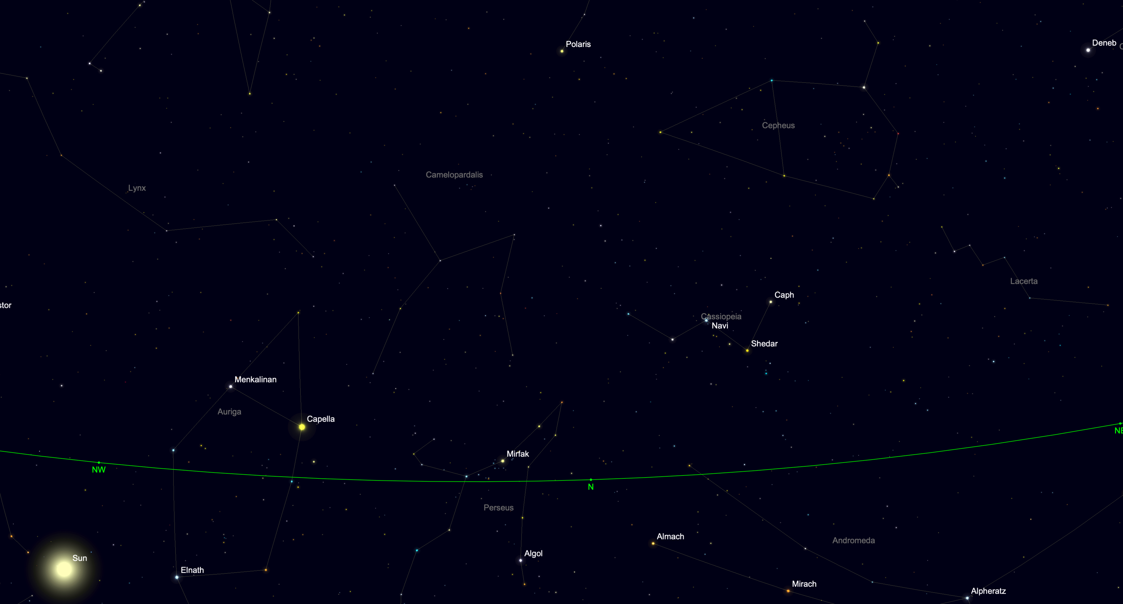 Star chart highlighting the northern sky during noctilucent cloud season.