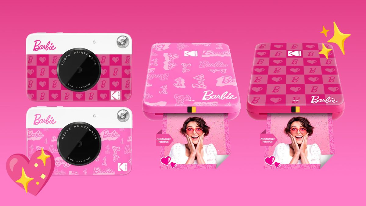 Two Barbie x Kodak Printomatics and Step Slim portable printers on a pink gradient background with heart and sparkle emojis 