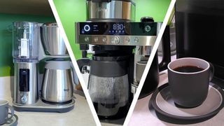 Split image of three drip coffee makers on kitchen counter