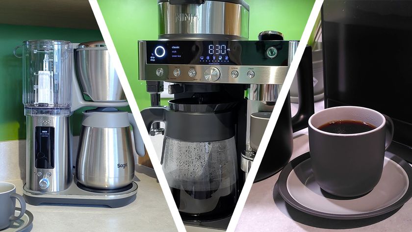 Split image of three drip coffee makers on kitchen counter