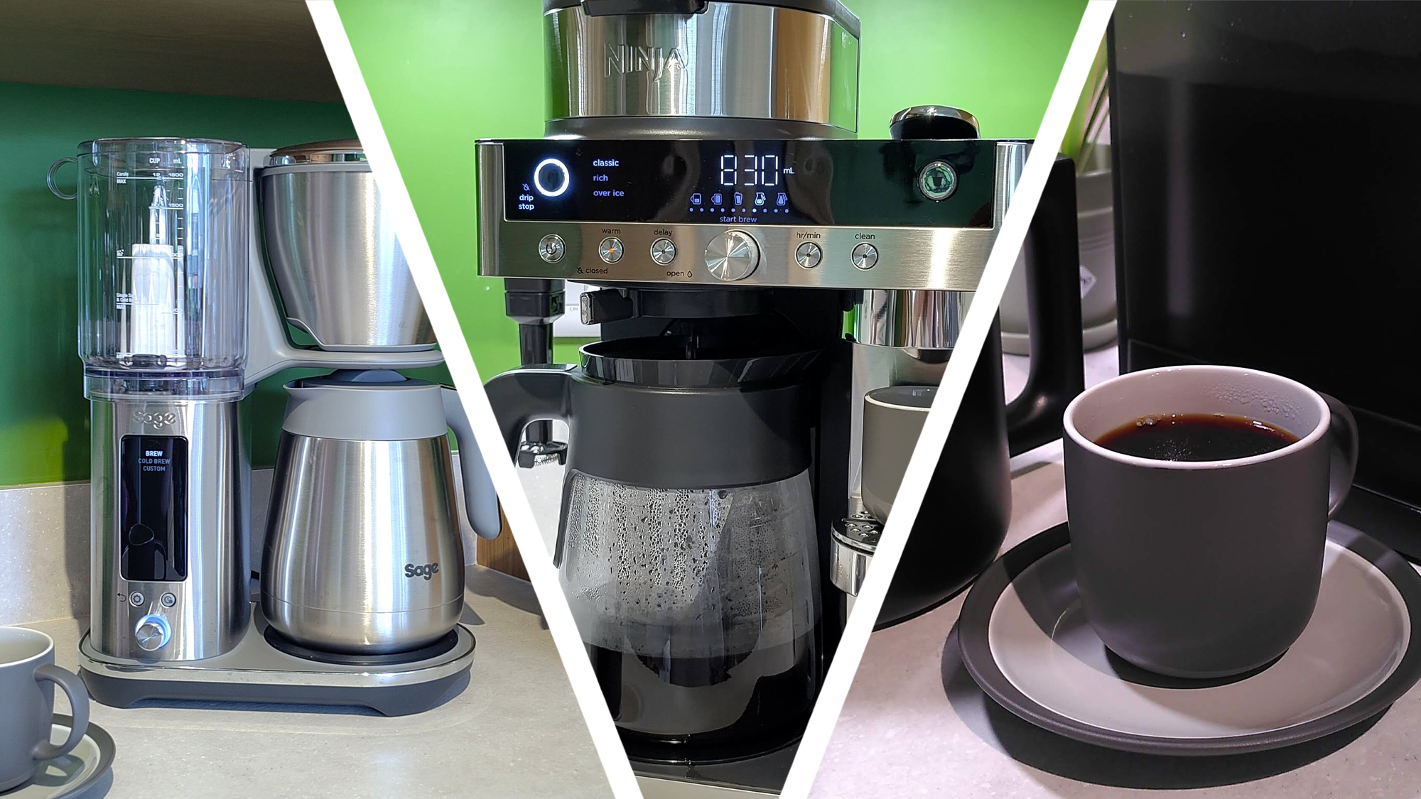 Split image of three drip coffee makers on kitchen counter