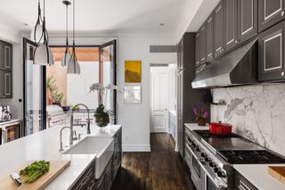 modern grey kitchen in New York home of Neil Patrick house