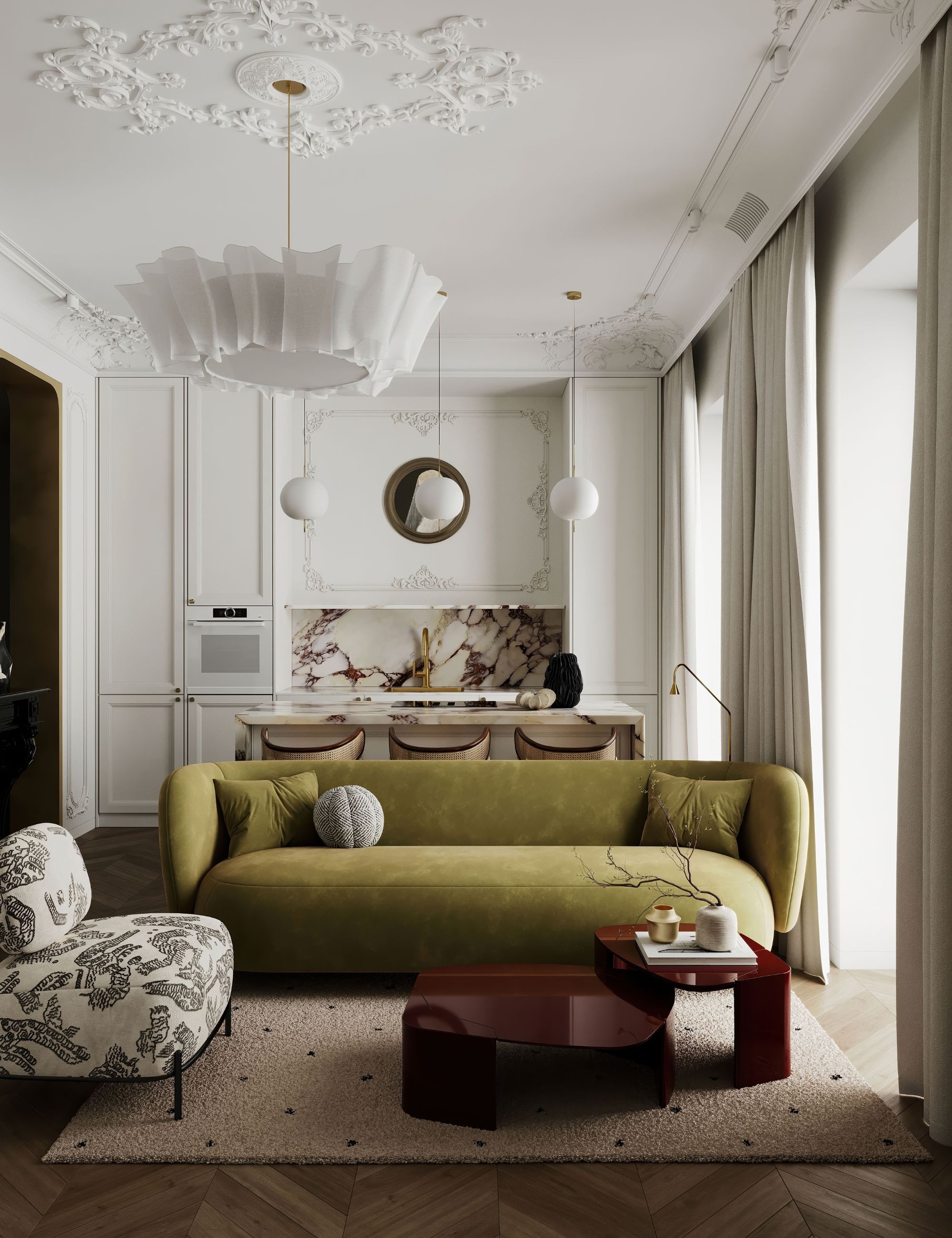 Period property with cornicing, large white light, green velvet curved sofa, printed black and white armchair, rug and burgandy wooden table in front of a white kitchen with a marble splashback