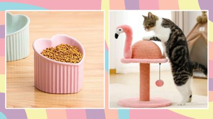 A split image of pet food bowls and a cat scratching post on a pink and blue background.