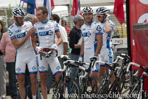 FDJ riders await the start of stage one.