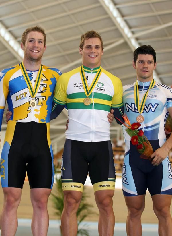 Men's Keirin podium: Daniel Ellis (2nd, ACT), Scott Sunderland (1st, WA) and Andrew Taylor (3rd, NSW)