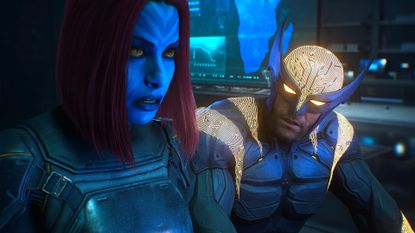 Logan's Future skin glows in Marvel's Wolverine as he looks at screens next to Mystique