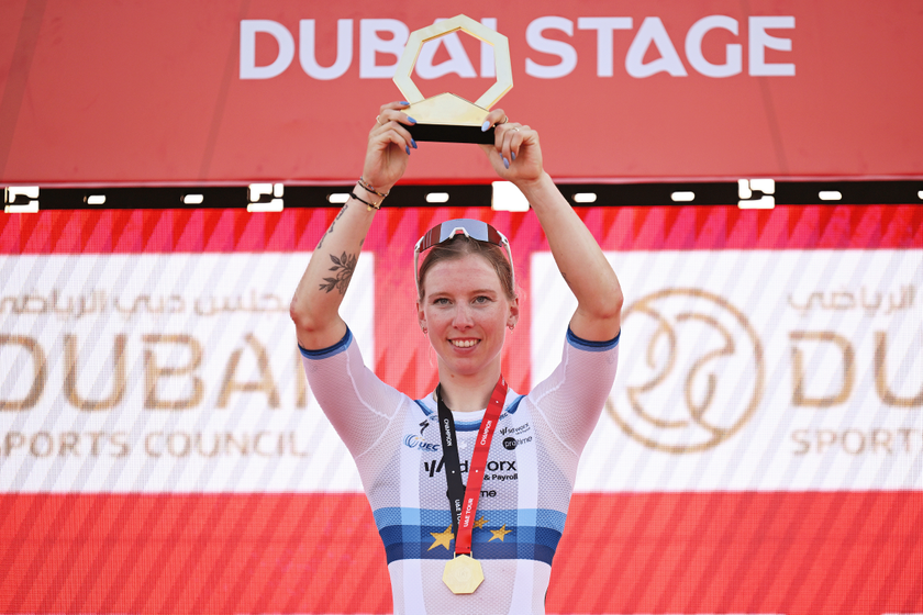 Wiebes with the stage 1 winners award at the UAE Tour Women