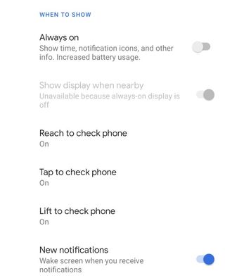 Ambient Display settings on the Pixel 4 XL