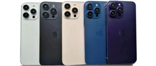 iPhone 14 Pro i flera olika färger, inklusive en mörklila.