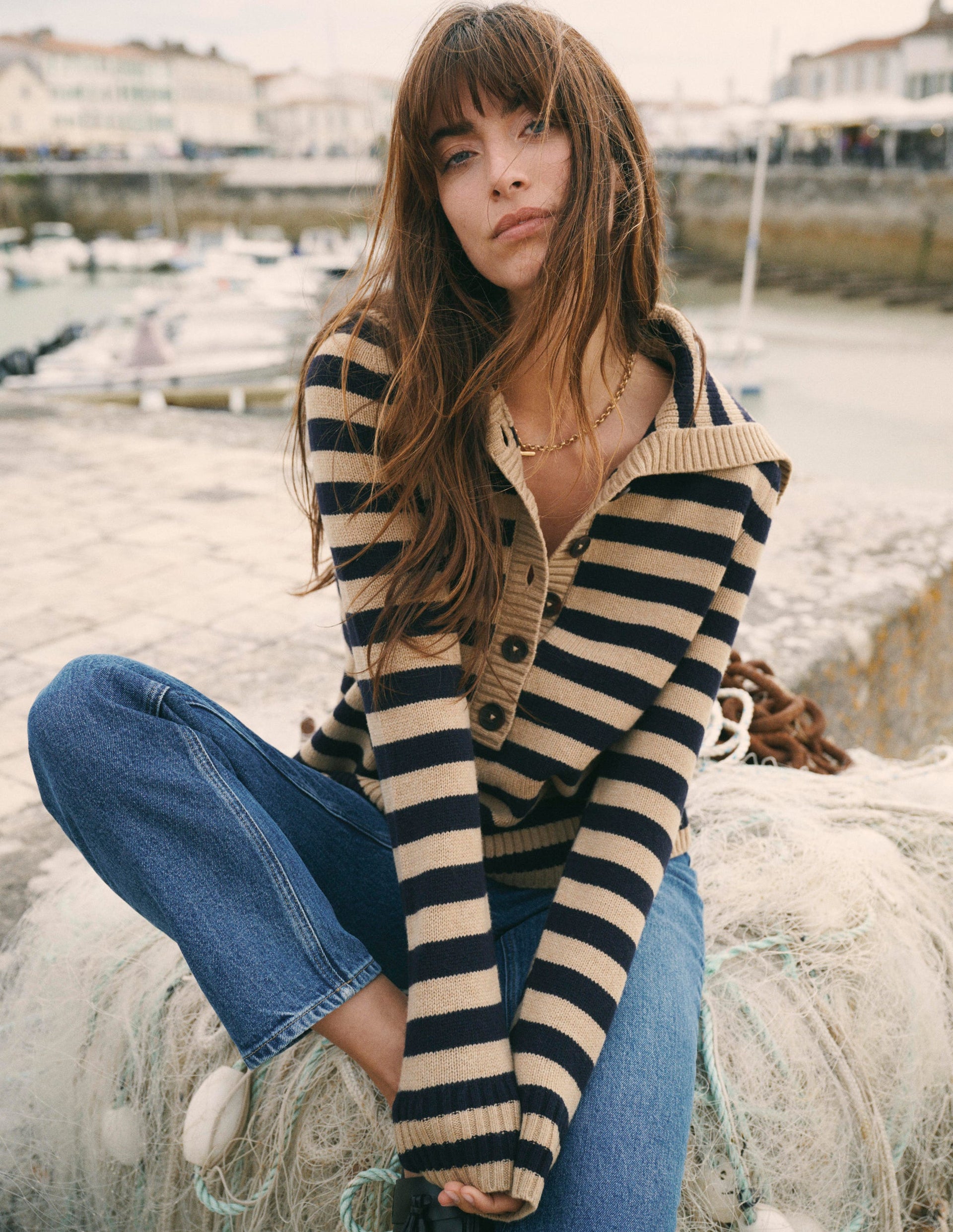 Marta Merino Wool Sailor Top-Camel, Navy Stripe