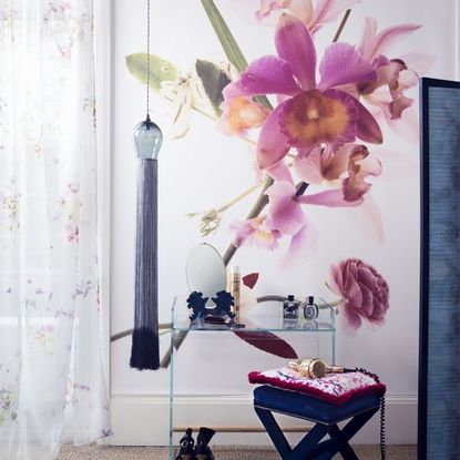 orchid wall mural in a bedroom