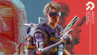 A promotional image for the Dweller Outfit, showing a character wearing it while holding a pistol up across their body.