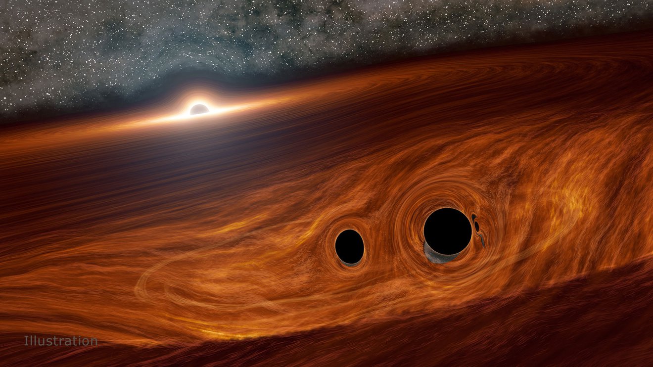 An artist's depiction of two stellar black holes in a disk surrounding a supermassive black hole.