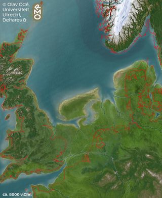 A map of the North Sea area with a coastline that extends farther than the modern day map