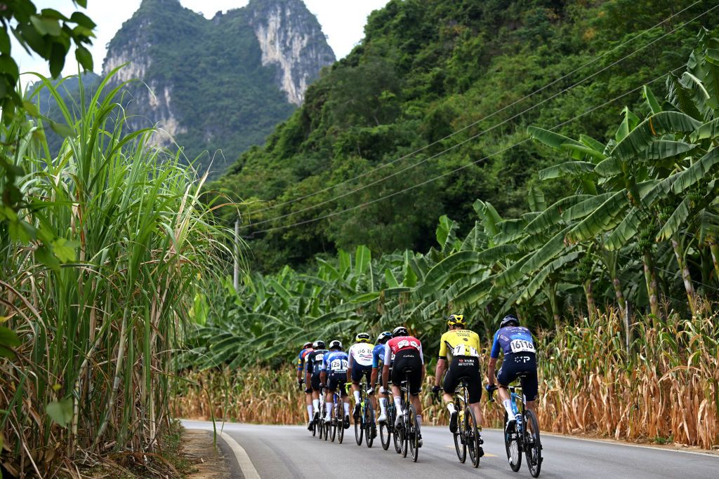 JINGXI CHINA OCTOBER 16 Julien Vermote of Belgium and Team Visma Lease a Bike Thomas Champion of France and Team Cofidis Dries De Bondt of Belgium and Decathlon AG2R La Mondiale Team Daan Hoole of The Netherlands and Team Lidl Trek Taco Van Der Hoorn of The Netherlands and Team Intermarche Wanty Filip Maciejuk of Poland and Team Red Bull BORA hansgrohe Martin Svrcek of Slovakia and Team Soudal QuickStep and Chris Froome of The United Kingdom and Team Israel Premier Tech compete in the breakaway during the 5th GreeTour Of Guangxi 2024 Stage 2 a 1815km stage from Chongzuo to Jingxi 741m UCIWT on October 16 2024 in Chongzuo China Photo by Dario BelingheriGetty Images