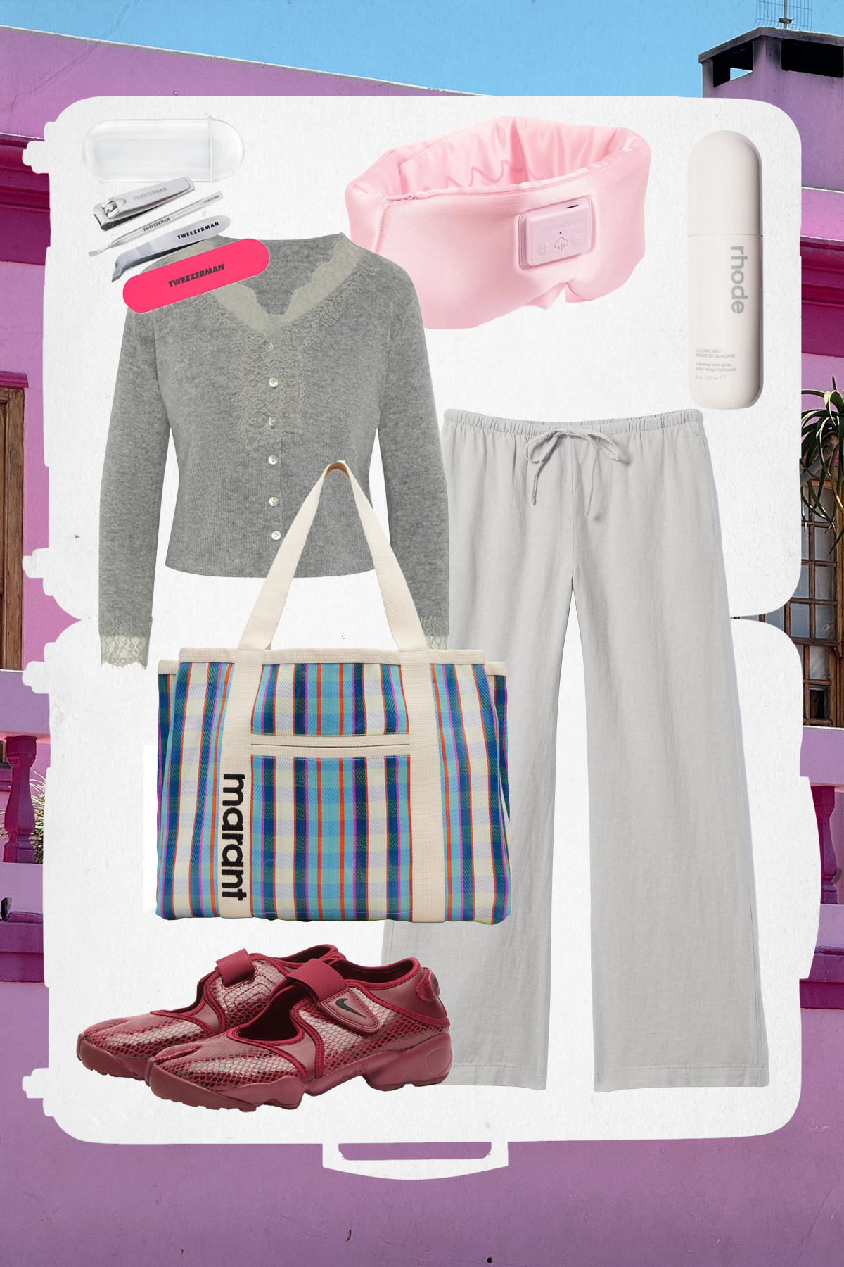 A collage of travel items.