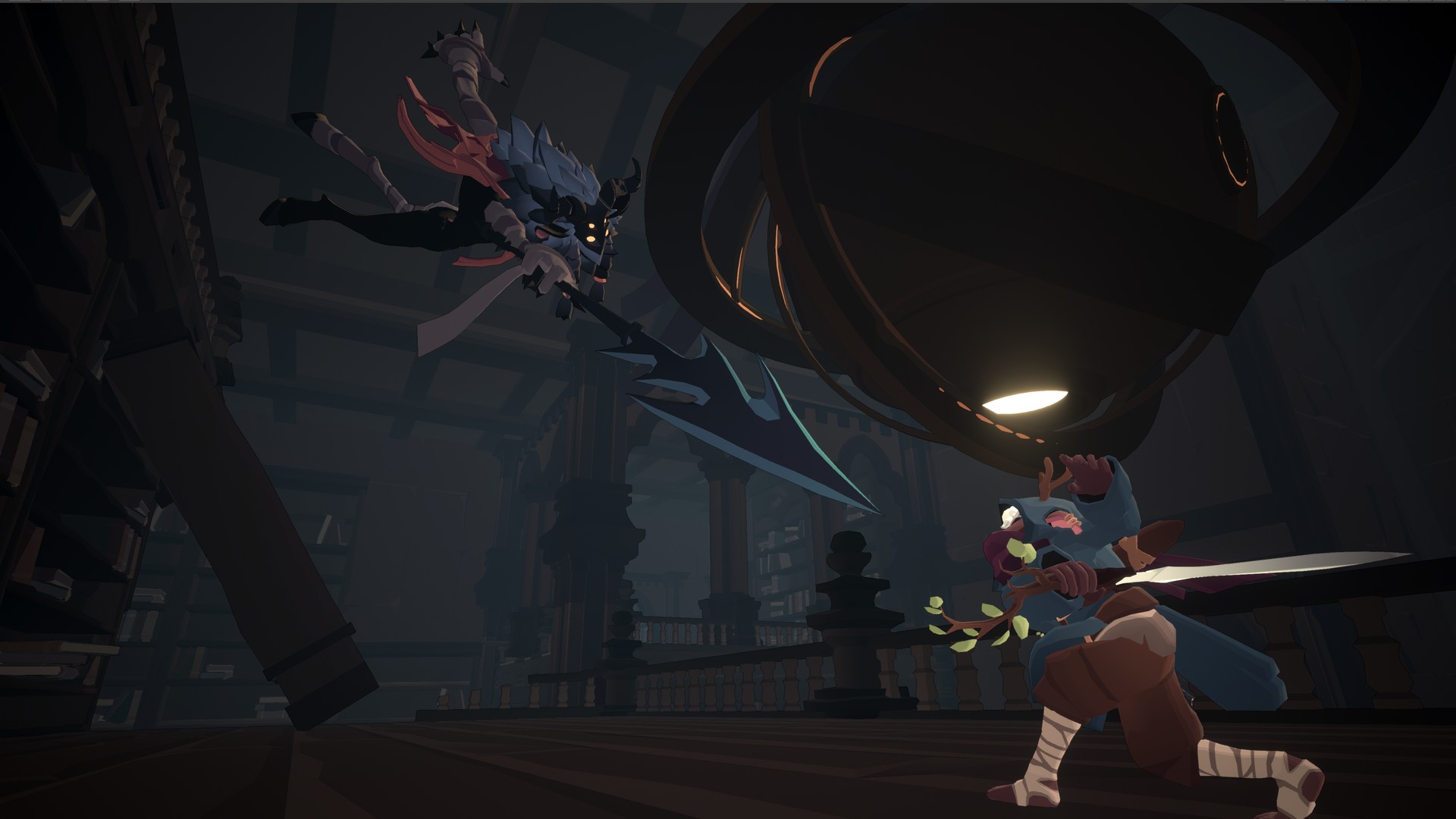 An enemy with a large spiked spear jumps towards Demi in Demi and the Fractured Dream
