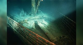 The rusty remains of the bow of the Titanic deep underwater