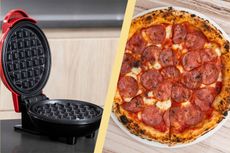 A collage of a waffle maker and a pepperoni pizza