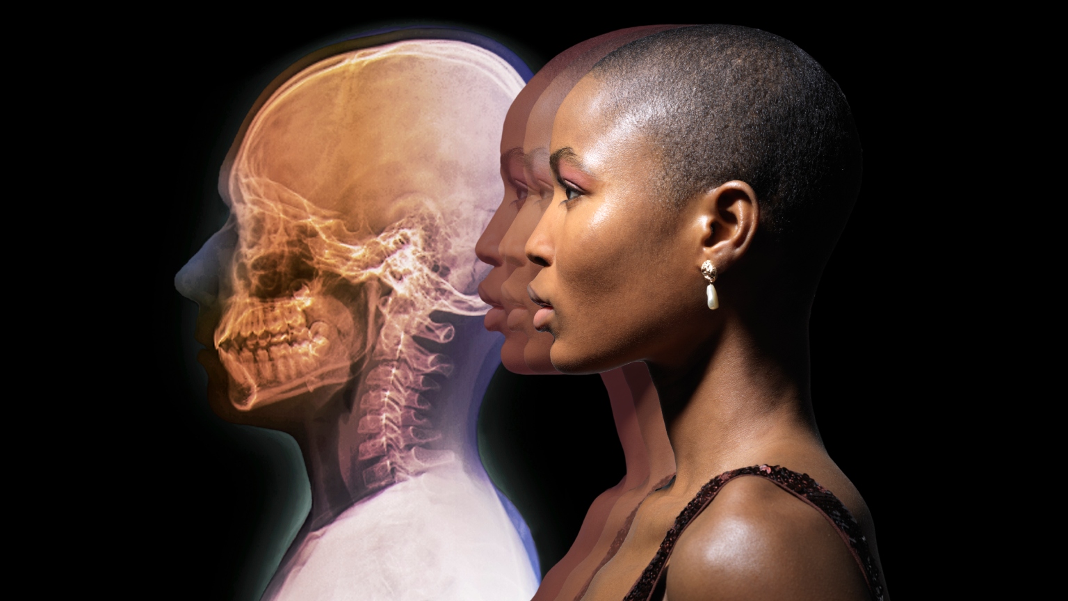 a woman with glowing skin on a black background next to an X-ray of a skull
