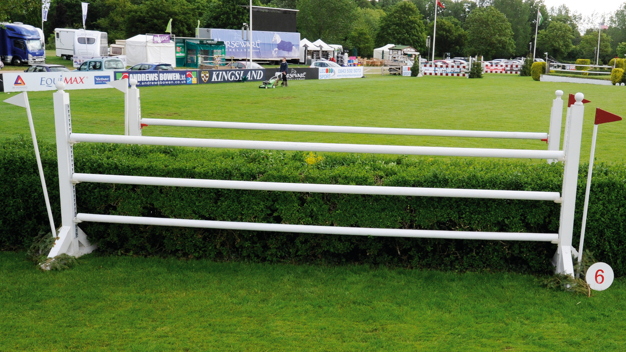 Large white oxer with privet hedge running between the fences