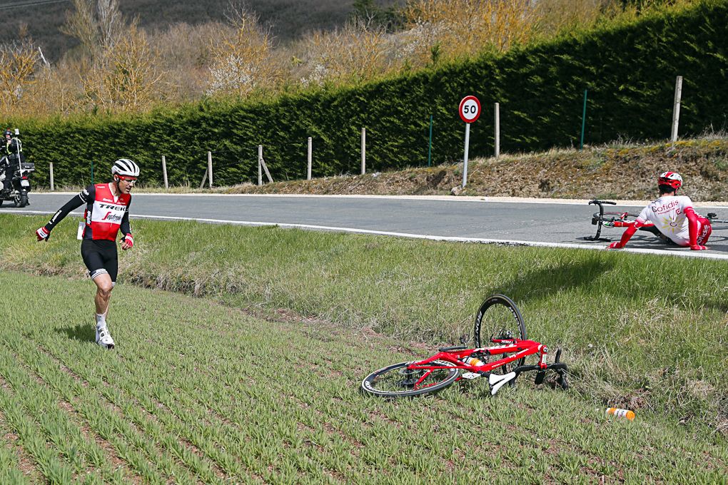 Markel Irizar (Trek-Segafredo) and Nicolas Edet (Cofidis) on the ground after a crash during stage 3 at Tour of the Basque Country