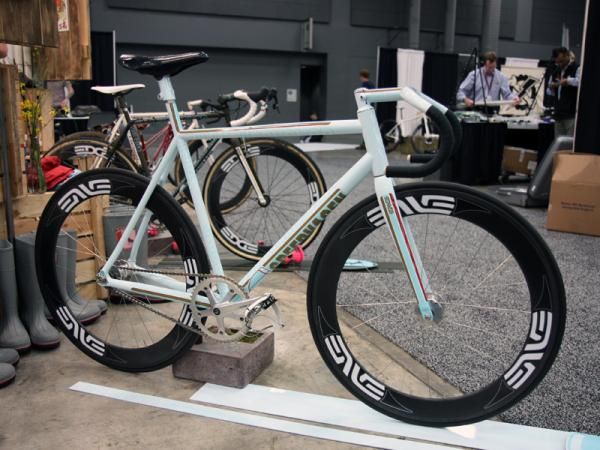 The track bike is a more recent addition to Vanilla's Speedvagen line with hugely oversized steel tubes, an integrated seatmast and a custom one-piece bar and stem. New for this year is an oversized head tube using Chris King's latest InSet hidden-cup headset.