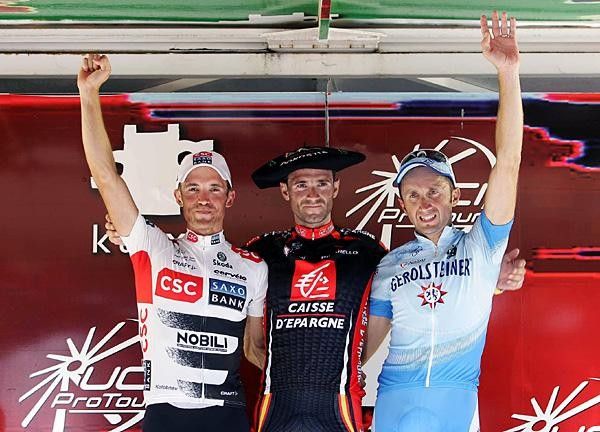 The podium with Alexandr Kolobnev (CSC Saxo Bank, 2nd), Alejandro Valverde (Caisse d'Epargne, 1st) and Davide Rebellin (Gerolsteiner, 3rd).