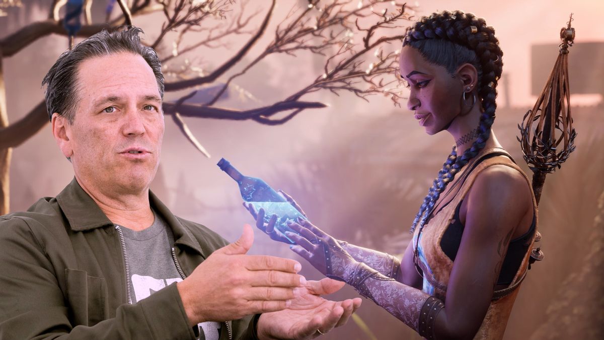 Phil Spencer, chief executive officer of gaming at Microsoft Corp. with a screenshot of South of Midnight, a video game from Xbox Game Studios