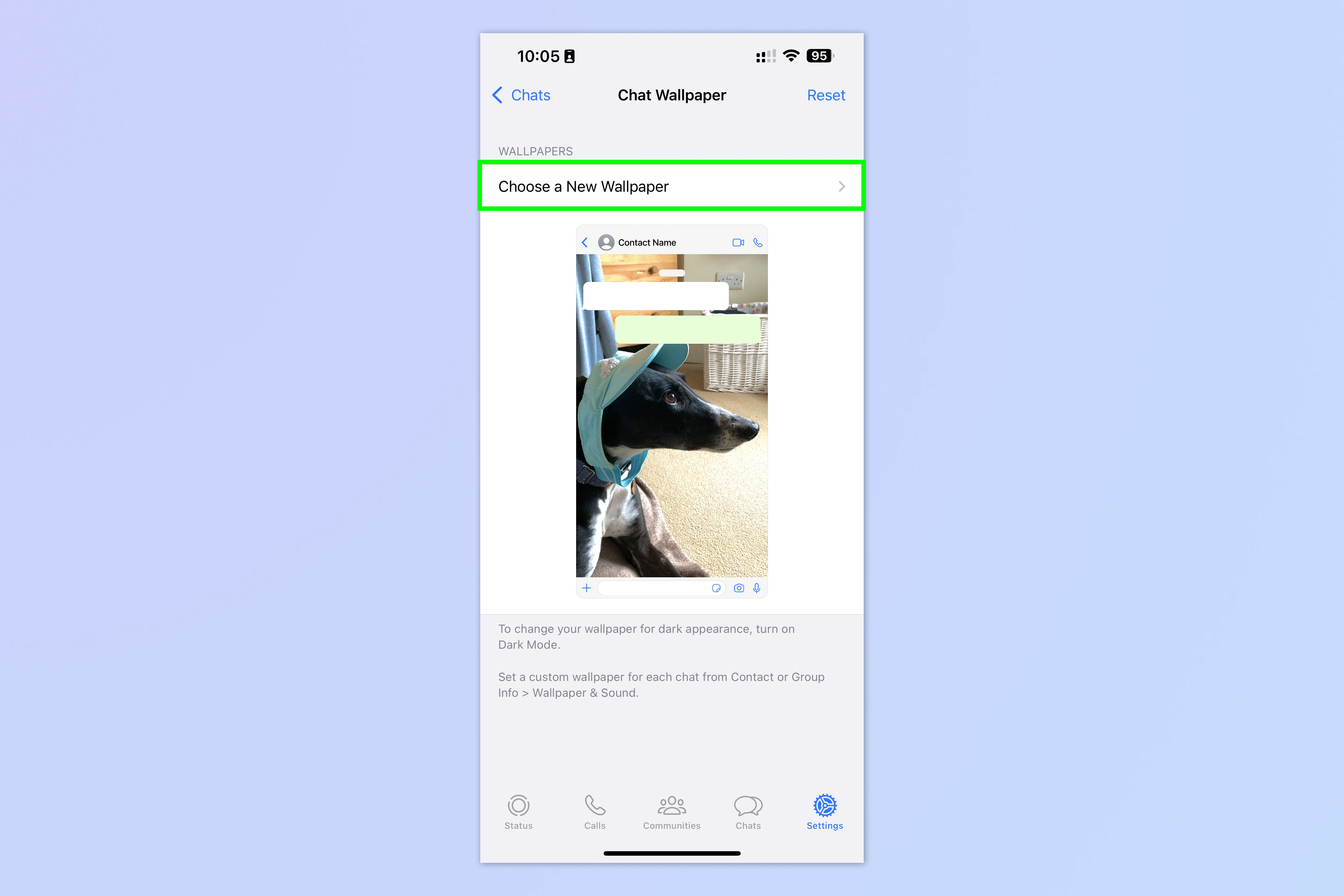 Screenshot showing how to change wallpaper on WhatsApp