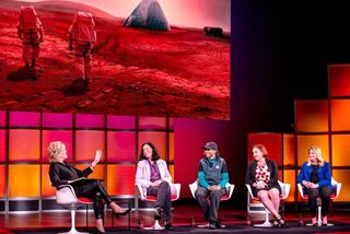 Journalist Lynn Sherr (far left) moderated a panel of space experts for the World Science Festival event "We Will Be Martians," held in New York City on May 29, 2019. From left to right, next to Sherr is Michelle Rucker, followed by Dr. Yvonne Cagle, then Kim Binsted, and seated far right is Ellen Stofan.