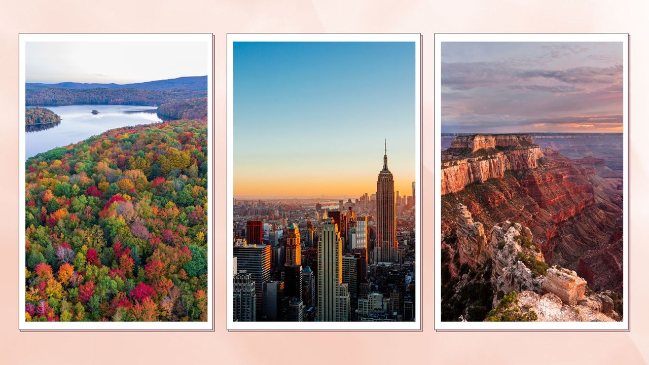 colourful autumnal trees by lake, New York skyline, canyon at sunset