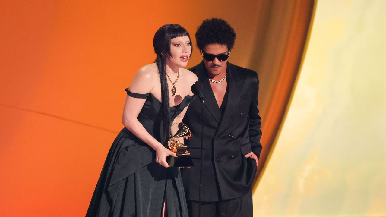 Lady Gaga and Bruno Mars on stage at the 2025 Grammy Awards