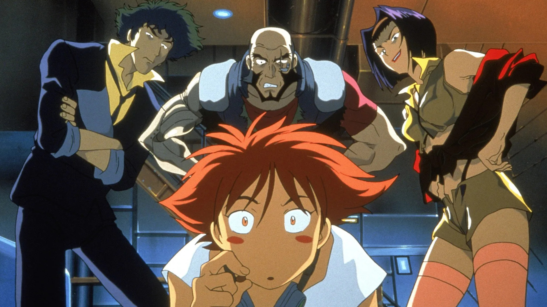 Spike Spiegel and the rest of the gang looking at something ahead of them in a scene during the anime Cowboy Bebop.