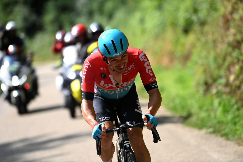 POLIGNY FRANCE JULY 21 Victor Campenaerts of Belgium and Team Lotto Dstny competes in the breakaway during the stage nineteen of the 110th Tour de France 2023 a 1728km stage from MoiransenMontagne to Poligny UCIWT on July 21 2023 in Poligny France Photo by Tim de WaeleGetty Images